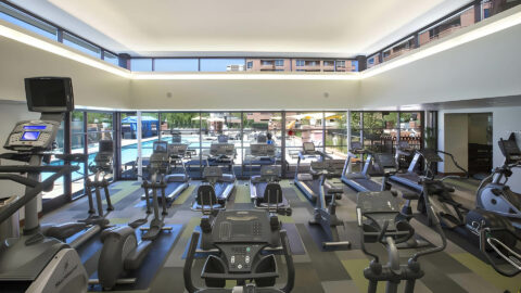 Fitness center with rows of cardio machines and large bright windows.
