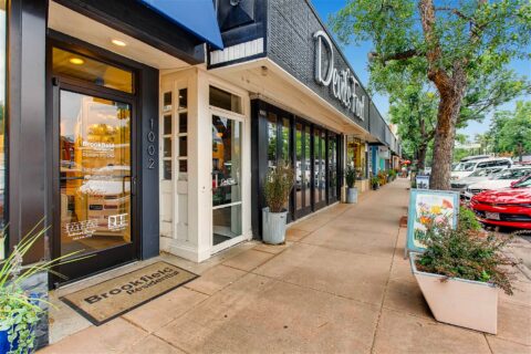 Cherry Creek sidewalk with ample parking and bustling store fronts.