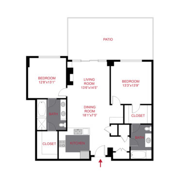 Rendering of the Ash floor plan with 2 bedroom[s] and 2 bathroom[s] at The Seasons at Cherry Creek