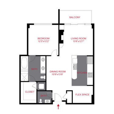 Rendering of the 1st Ave floor plan with 1 bedroom[s] and 1.5 bathroom[s] at The Seasons at Cherry Creek