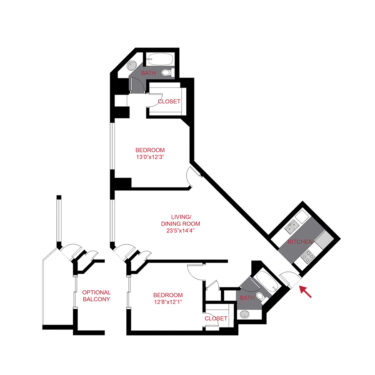 Rendering of the Evans floor plan with 2 bedroom[s] and 2 bathroom[s] at The Seasons at Cherry Creek