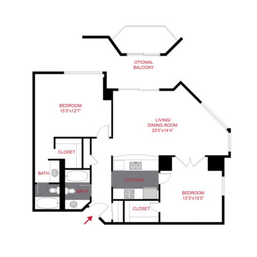 Rendering of the Diamond floor plan with 2 bedroom[s] and 1 bathroom[s] at The Seasons at Cherry Creek