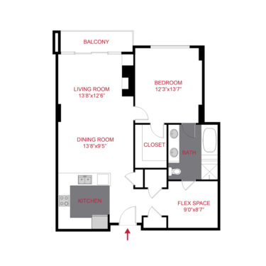 Rendering of the Bayaud floor plan with 1 bedroom[s] and 1 bathroom[s] at The Seasons at Cherry Creek