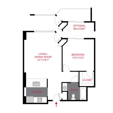 Rendering of the Crestone floor plan with 1 bedroom[s] and 1 bathroom[s] at The Seasons at Cherry Creek