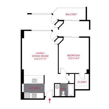 Rendering of the Belford floor plan with 1 bedroom[s] and 1 bathroom[s] at The Seasons at Cherry Creek