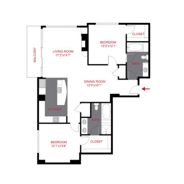 Rendering of the Birch floor plan with 2 bedroom[s] and 2 bathroom[s] at The Seasons at Cherry Creek