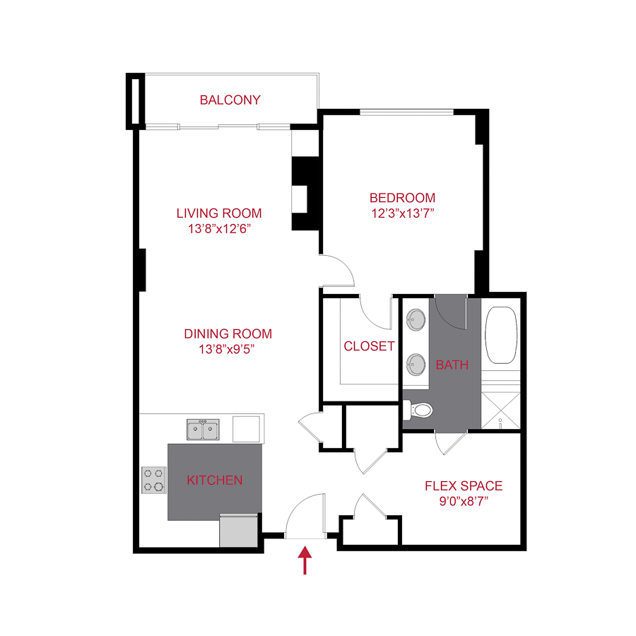 Rendering of the Bayaud floor plan with 1 bedroom[s] and 1 bathroom[s] at Cedar Building