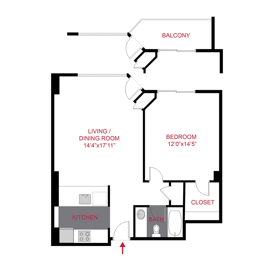 Rendering of the Belford floor plan with 1 bedroom[s] and 1 bathroom[s] at Aspen & Birch Buildings