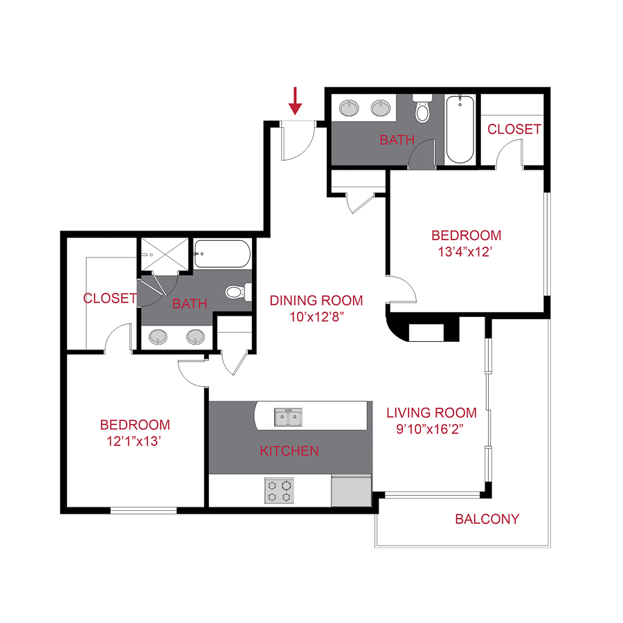 Rendering of the Ellsworth floor plan with 2 bedroom[s] and 2 bathroom[s] at Cedar Building