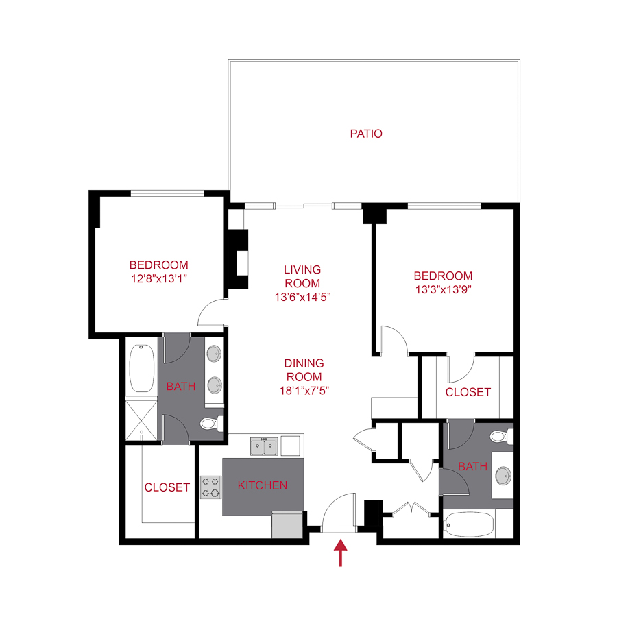 Rendering of the Ash floor plan with 2 bedroom[s] and 2 bathroom[s] at Cedar Building