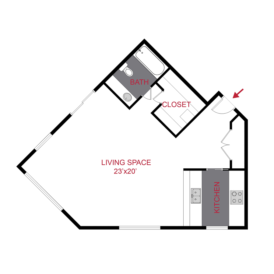 Rendering of the Gray's floor plan with a Studio bedroom and 1 bathroom[s] at The Seasons at Cherry Creek