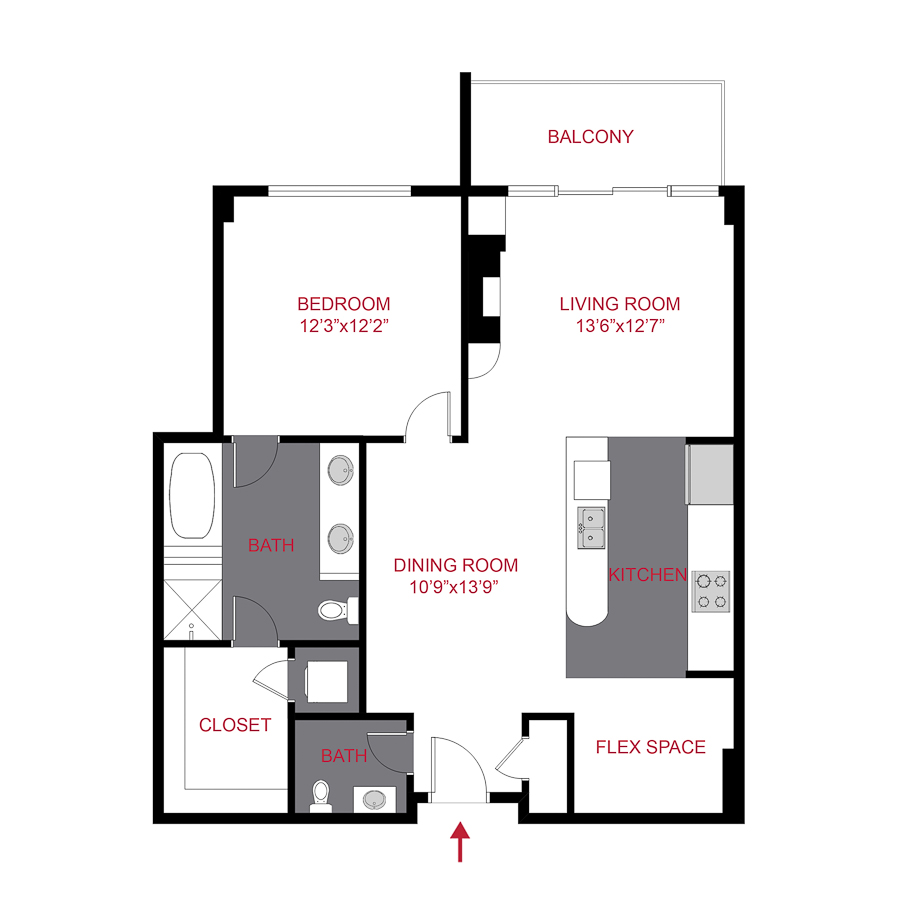Rendering of the 1st Ave floor plan with 1 bedroom[s] and 1.5 bathroom[s] at Cedar Building