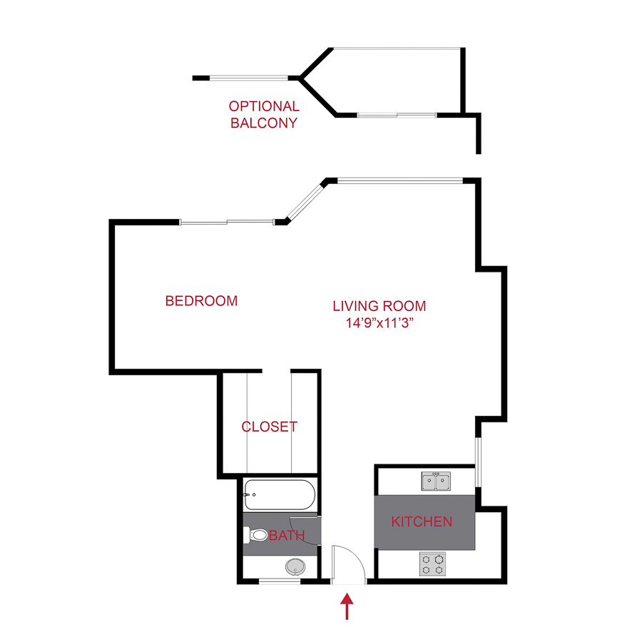 Rendering of the Antero floor plan with a Studio bedroom and 1 bathroom[s] at Aspen & Birch Buildings