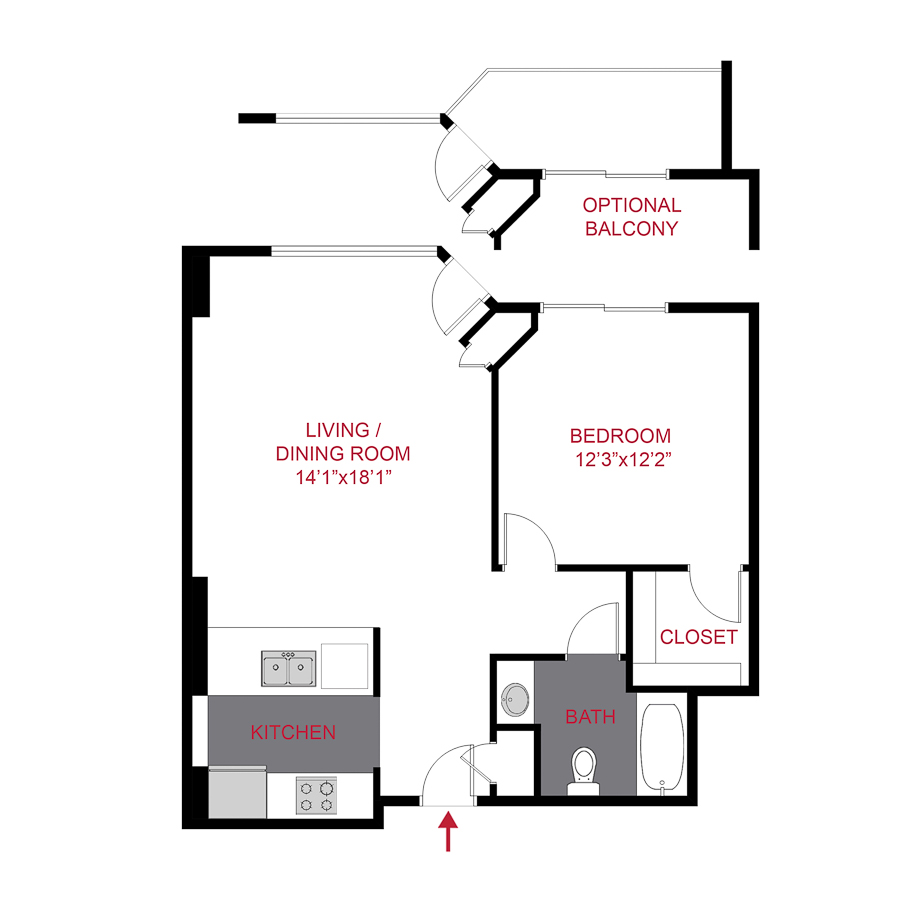 Rendering of the Crestone floor plan with 1 bedroom[s] and 1 bathroom[s] at Aspen & Birch Buildings