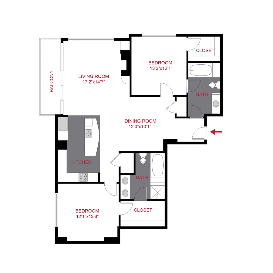 Rendering of the Birch floor plan with 2 bedroom[s] and 2 bathroom[s] at Cedar Building