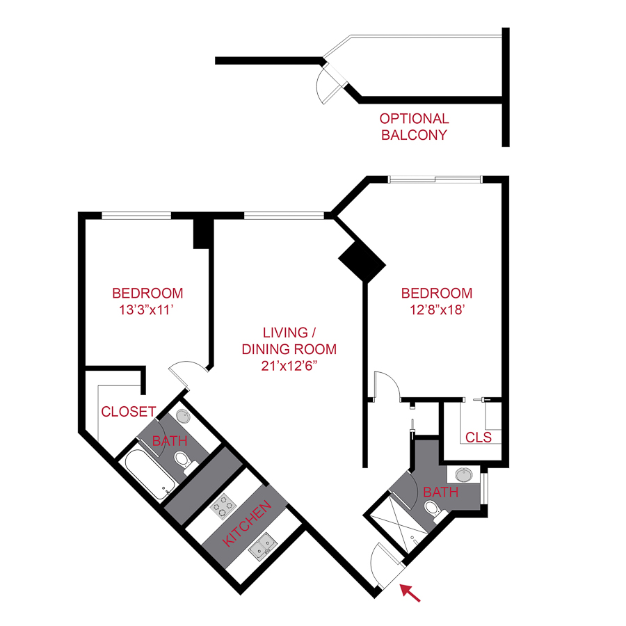 Rendering of the Flagstaff floor plan with 2 bedroom[s] and 2 bathroom[s] at Aspen & Birch Buildings