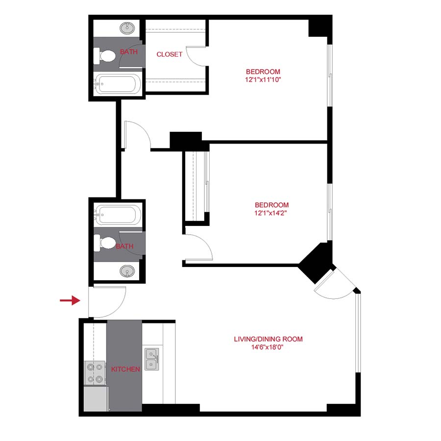 Rendering of the Harvard floor plan with 2 bedroom[s] and 2 bathroom[s] at Aspen & Birch Buildings